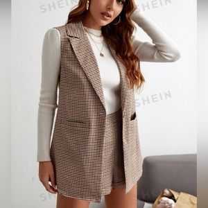 SHEIN Frenchy Plaid Notched Collar Suit Vest And Shorts Set